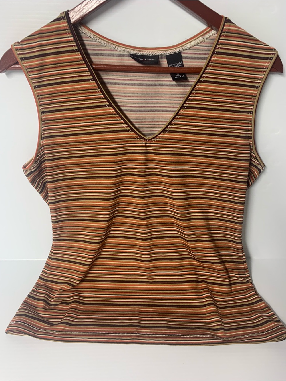 New York & Company Striped V-Neck Tank Top - Brown Multi